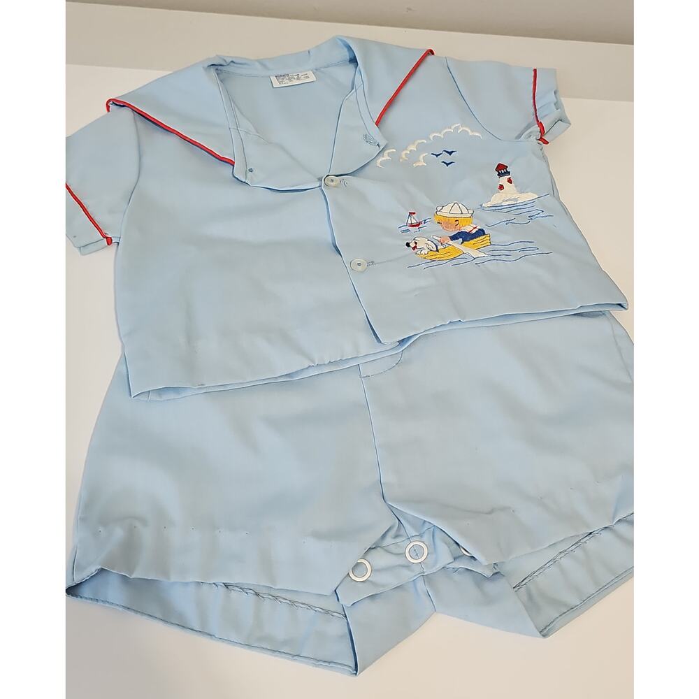 Vintage Baby Sailor Matching Shirt Shorts Set Embroidered Boat Pup Lighthouse